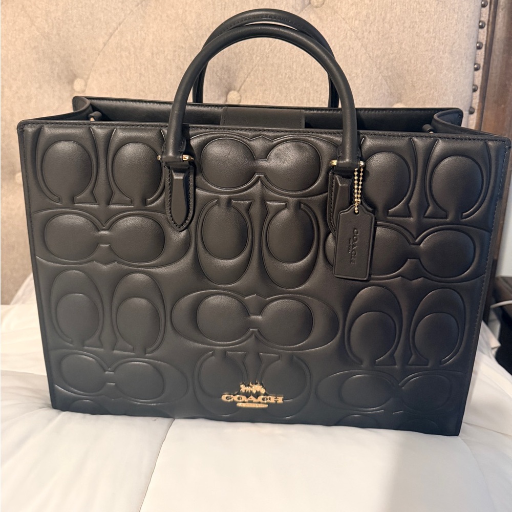 Coach Black Quilted Signature Leather Tote with Gold Logo Tag